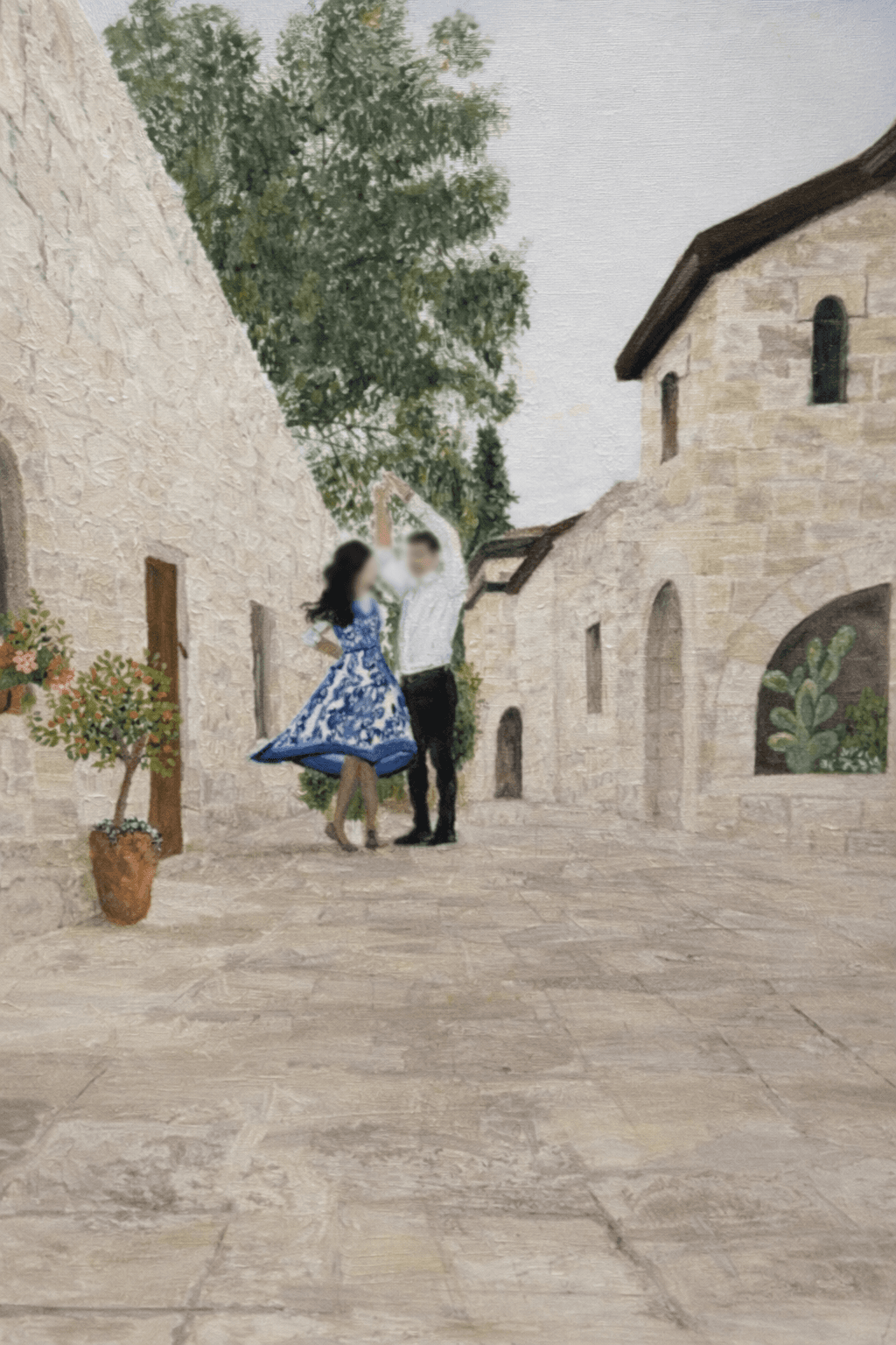 Oil painting transformation of couple dancing in Jerusalem