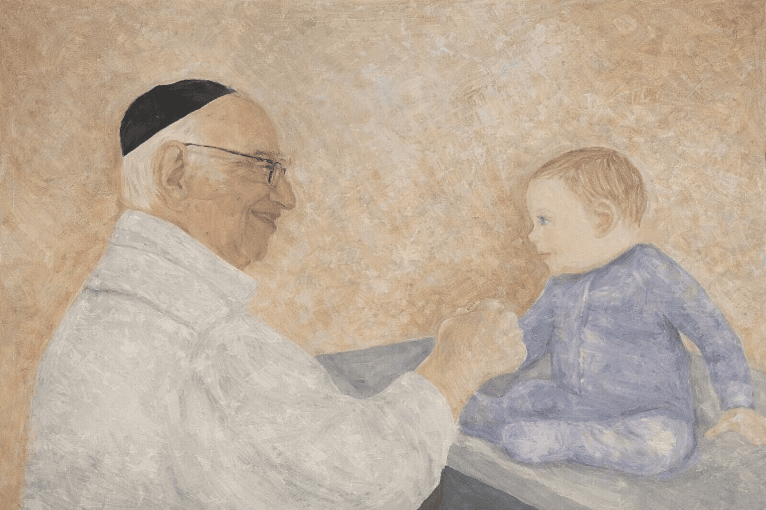 Oil painting of grandfather and grandchild moment