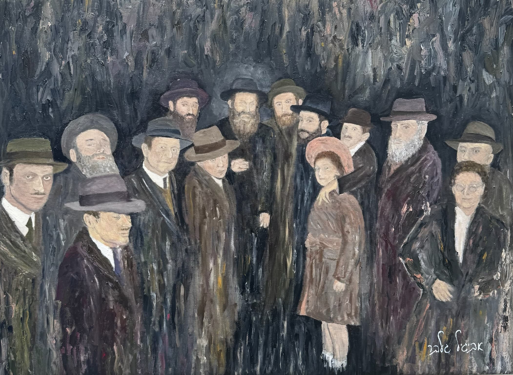 Oil painting recreation of historic rabbi gathering