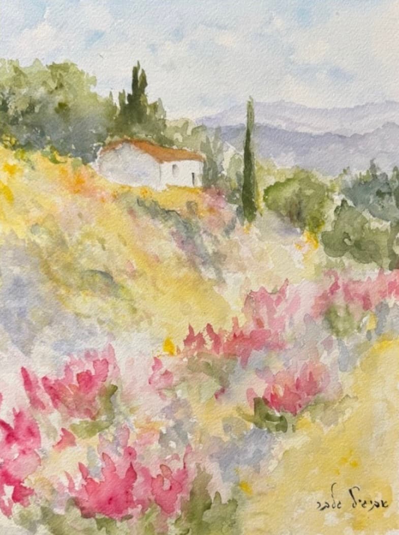 Stone House on the Hills of Jerusalem — Watercolor on Paper by Jerusalem artist Avigail Gelber