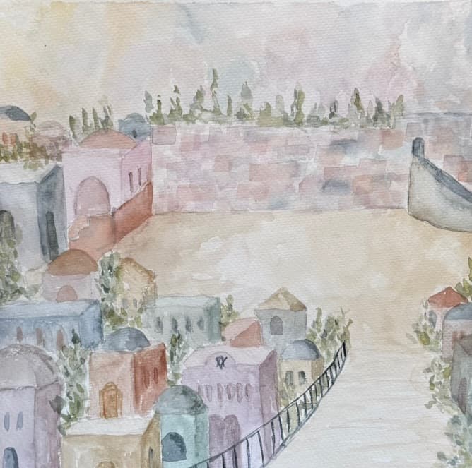 Jerusalem from Above — Watercolor on Paper by Jerusalem artist Avigail Gelber